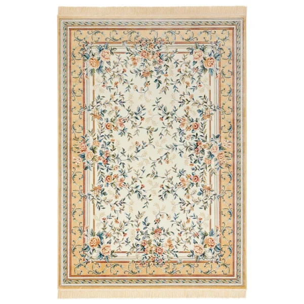 Nouristan Orientalischer Samt-Teppich Fransen Antik Flowers Creme Cord 1